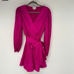 Milly Long-Sleeve V-Neck Pleated Belted Mini Dress Women's Size 2 Hot Pink
